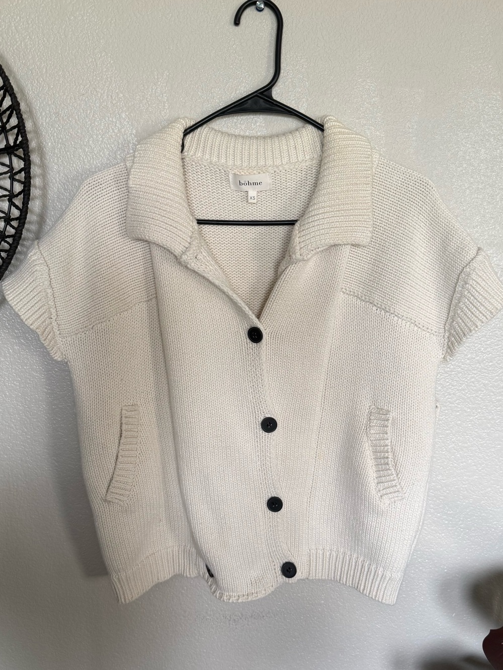 Bohme Sadie Knit Short Sleeve Cardigan 100% COTTON Ivory Collared Size XS